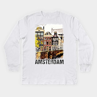 Amsterdam Netherlands Vintage Travel Poster Retro Postcard Art Style Kids Long Sleeve T-Shirt